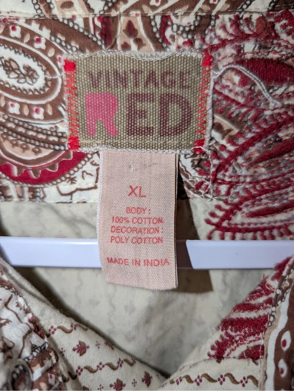 Vintage Red Mens XL Long Sleeve Woven Cotton Geometric Button Up Embroidered